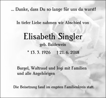Traueranzeige von Elisabeth Singler von vrm-trauer