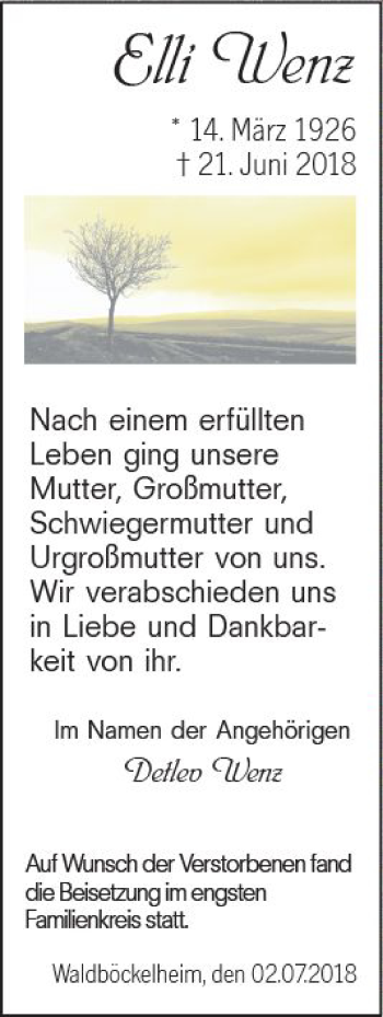 Traueranzeige von Elli Wenz von vrm-trauer