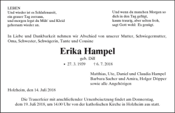 Traueranzeige von Erika Hampel von  Gießener Anzeiger