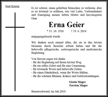 Traueranzeige von Erna Geier von VRM Trauer