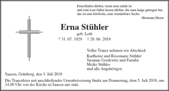 Traueranzeige von Erna Stühler von  Gießener Anzeiger