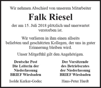 Traueranzeige von Falk Riesel von vrm-trauer