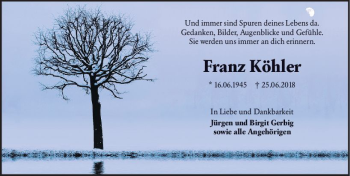 Traueranzeige von Franz Köhler von vrm-trauer