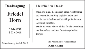 Traueranzeige von Friedel Horn von vrm-trauer