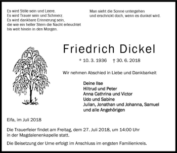Traueranzeige von Friedrich Dickel von VRM Trauer