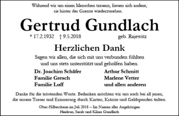 Traueranzeige von Gertrud Gundlach von vrm-trauer