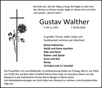 Traueranzeige von Gustav Walther von Trauerportal Rhein Main Presse