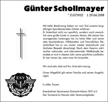 Traueranzeige von Günter Schollmayer von vrm-trauer