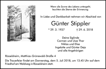Traueranzeige von Günter Stippler von Trauerportal Rhein Main Presse
