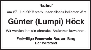 Traueranzeige von Günter Lump Höck von  Usinger Anzeiger