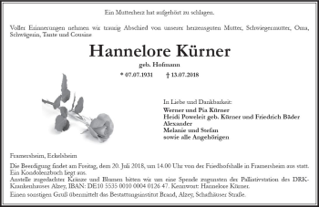Traueranzeige von Hannelore Kürner von vrm-trauer