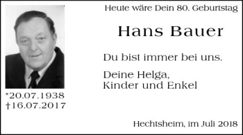 Traueranzeige von Hans Bauer von vrm-trauer