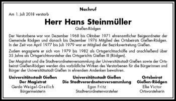 Traueranzeige von Hans Steinmüller von  Gießener Anzeiger