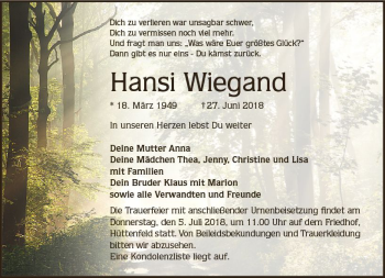 Traueranzeige von Hans Wiegand von Trauerportal Rhein Main Presse