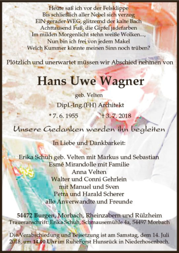 Traueranzeige von Hans Uwe Wagner von vrm-trauer