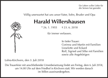 Traueranzeige von Harald Willershausen von  Gießener Anzeiger