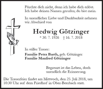 Traueranzeige von Hedwig Götzinger von vrm-trauer