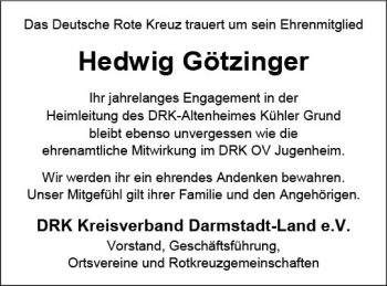Traueranzeige von Hedwig Götzinger von vrm-trauer