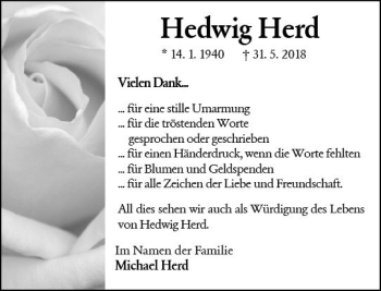 Traueranzeige von Hedwig Herd von vrm-trauer