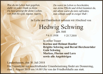 Traueranzeige von Hedwig Schwing von VRM Trauer