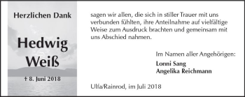Traueranzeige von Hedwig Weiß von  Kreisanzeiger