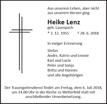 Traueranzeige von Heike Lenz von  Gießener Anzeiger