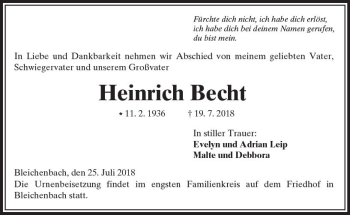 Traueranzeige von Heinrich Becht von  Kreisanzeiger