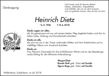 Traueranzeige von Heinrich Dietz von vrm-trauer