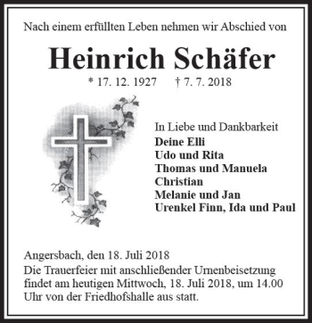 Traueranzeige von Heinrich Schäfer von VRM Trauer