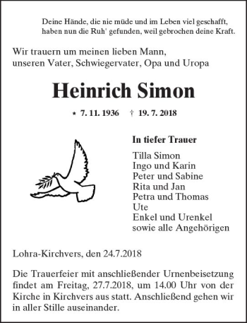 Traueranzeige von Heinrich Simon von  Gießener Anzeiger