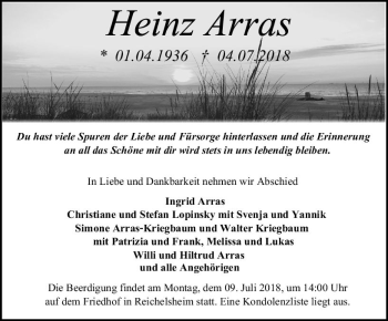 Traueranzeige von Heinz Arras von vrm-trauer