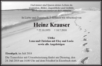 Traueranzeige von Heinz Krauser von  Camberger Anzeiger