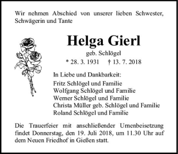 Traueranzeige von Helga Giert von  Gießener Anzeiger