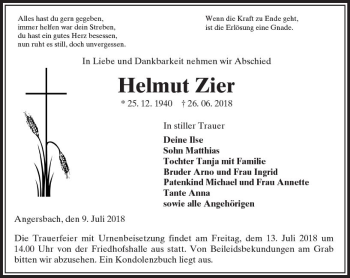 Traueranzeige von Helmut Zier von VRM Trauer