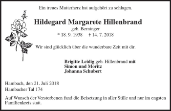 Traueranzeige von Hildegard Margarete Hillenbrand von vrm-trauer
