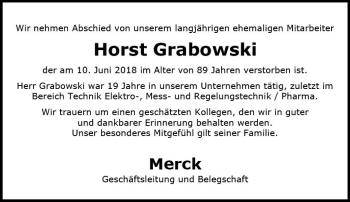 Traueranzeige von Horst Grabowski von vrm-trauer