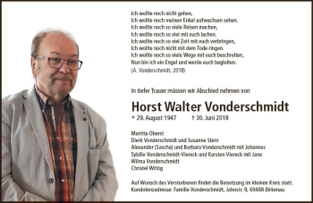 Traueranzeige von Horst Walter Vonderschmidt von vrm-trauer