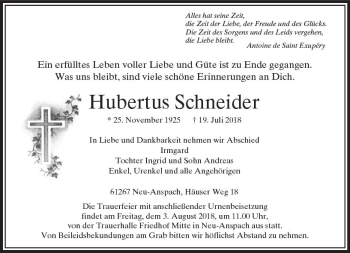Traueranzeige von Hubertus Schneider von  Usinger Anzeiger