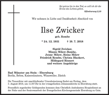 Traueranzeige von Ilse Zwicker von vrm-trauer