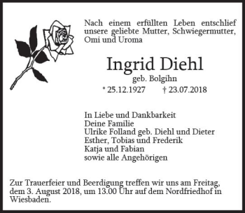 Traueranzeige von Ingrid Diehl von vrm-trauer