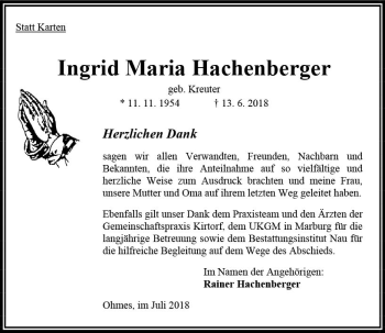 Traueranzeige von Ingrid Maria Hachenberger von VRM Trauer