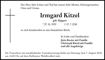 Traueranzeige von Irmgard Kitzel von vrm-trauer