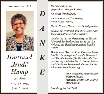 Traueranzeige von Irmtraud Hamp von VRM Trauer