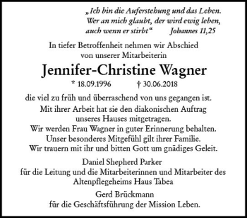 Traueranzeige von Jennifer-Christine Wagner von vrm-trauer
