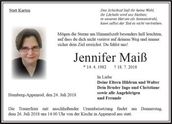 Traueranzeige von Jennifer Maiß von VRM Trauer