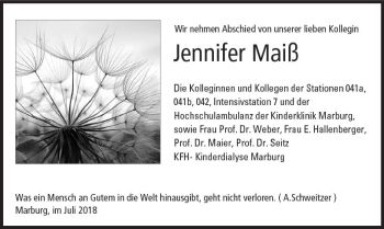 Traueranzeige von Jennifer Maiß von VRM Trauer
