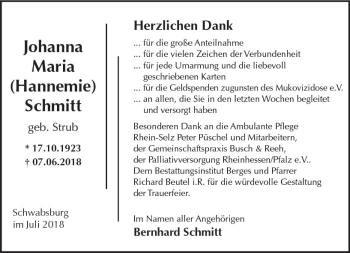 Traueranzeige von Johanna Maria Schmitt von vrm-trauer
