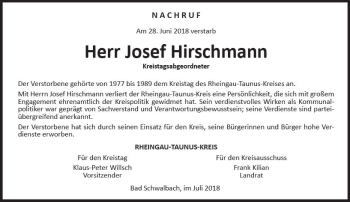 Traueranzeige von Josef Hirschmann von Trauerportal Rhein Main Presse