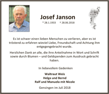 Traueranzeige von Josef Janson von vrm-trauer