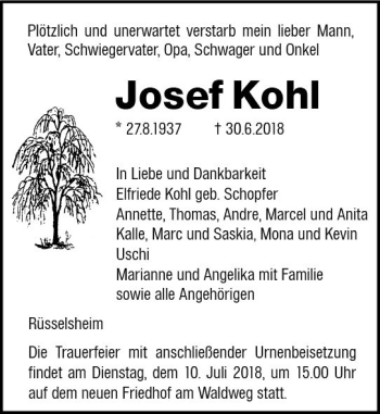 Traueranzeige von Josef Kohl von vrm-trauer